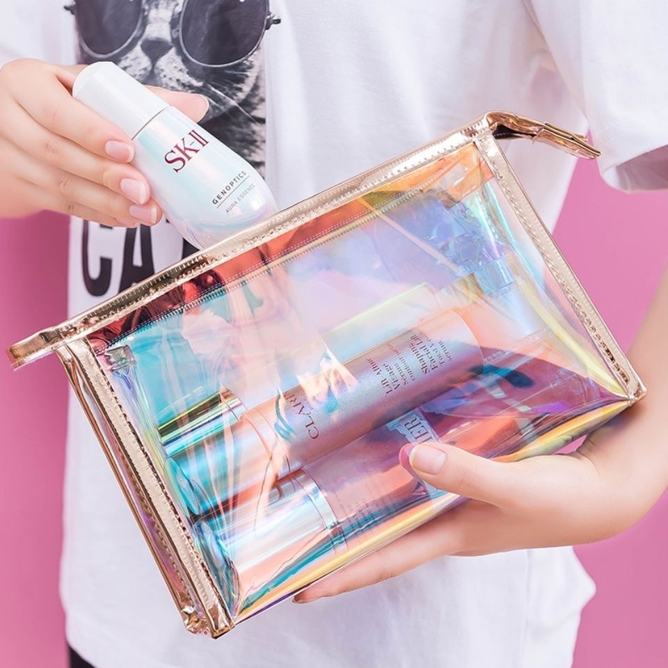 TS12 Dompet Makeup Tas Pouch Makeup Glitter Gold Hologram PVC Transparan Premium Tas kosmetik tahan air