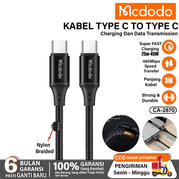 Mcdodo CA-2870 Kabel Data Charger USB TYPE C to C 3 Meter PD Samsung