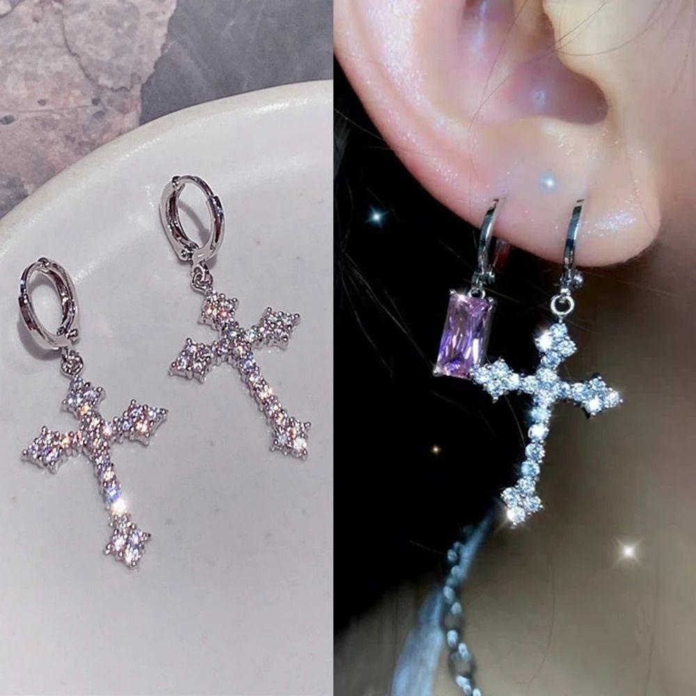 Mxbeauty Indah Anting Salib Kepribadian Kreatif Hadiah Y2K Punk Shiny Perhiasan Wanita Perhiasan Aksesoris