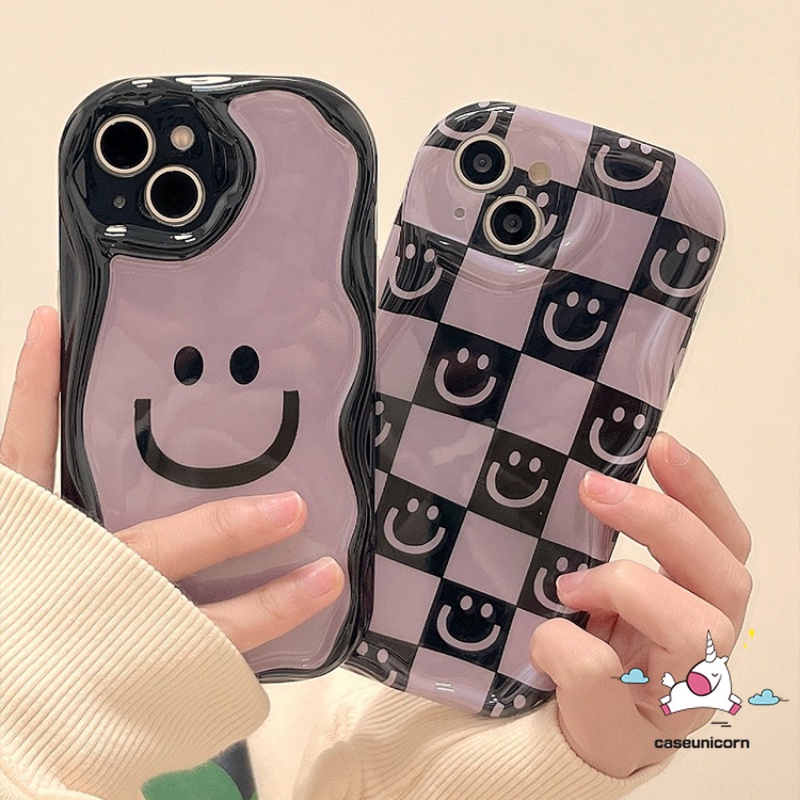 Kartun Smiley Case Kompatibel Untuk iPhone 7Plus 8Plus 11 14 12 13 Pro Max XR X 7 8 6s 6 Plus XS Max SE 2020 Checkerboard Senyum Lucu 3D Wavy Curved Edge Lembut Shockproof Glossy Cover