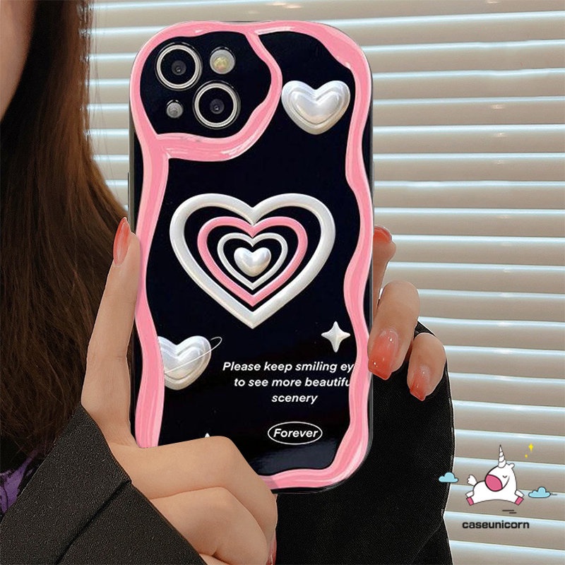 IPHONE 3d Wavy Curved Edge Love Heart Back Cover Kompatibel Untuk Iphone14 11 12 13 Pro Max 7Plus XR X7 8 6s 6 Plus XS Max SE 2020 Glossy Shockproof Soft Tpu Phone Case Shell