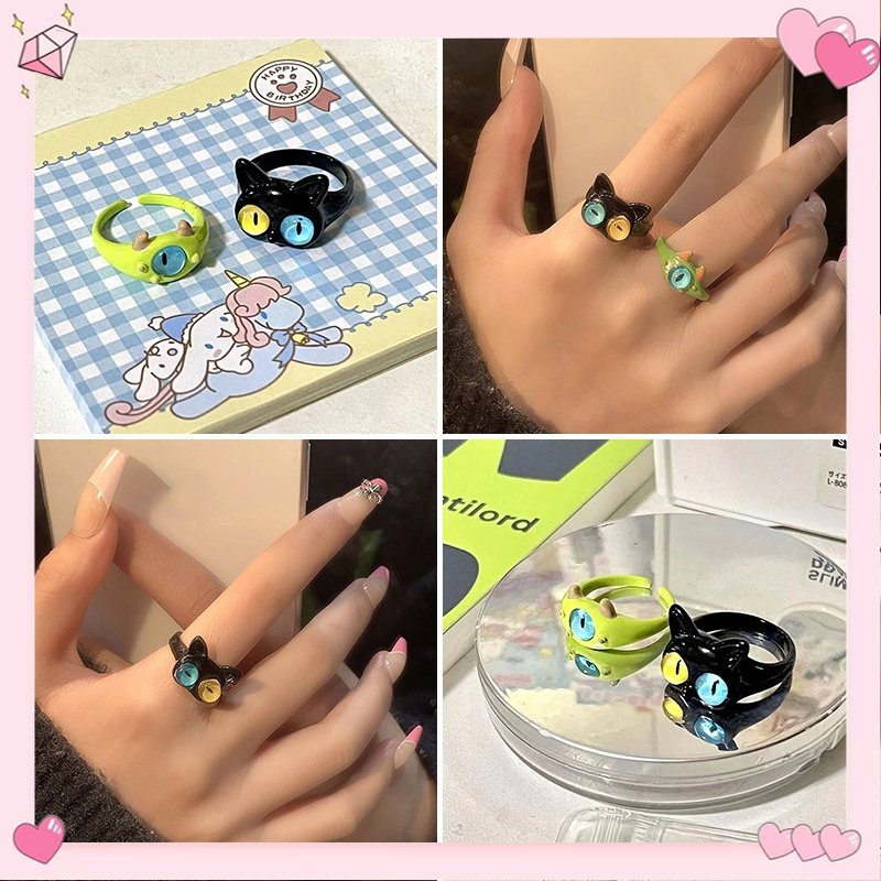 Kartun Hijau Monster Cincin Fashion Manis Dua Warna Mata Kucing Pembukaan Cincin Kekasih Pasangan Cincin Gadis Aksesoris Fashion