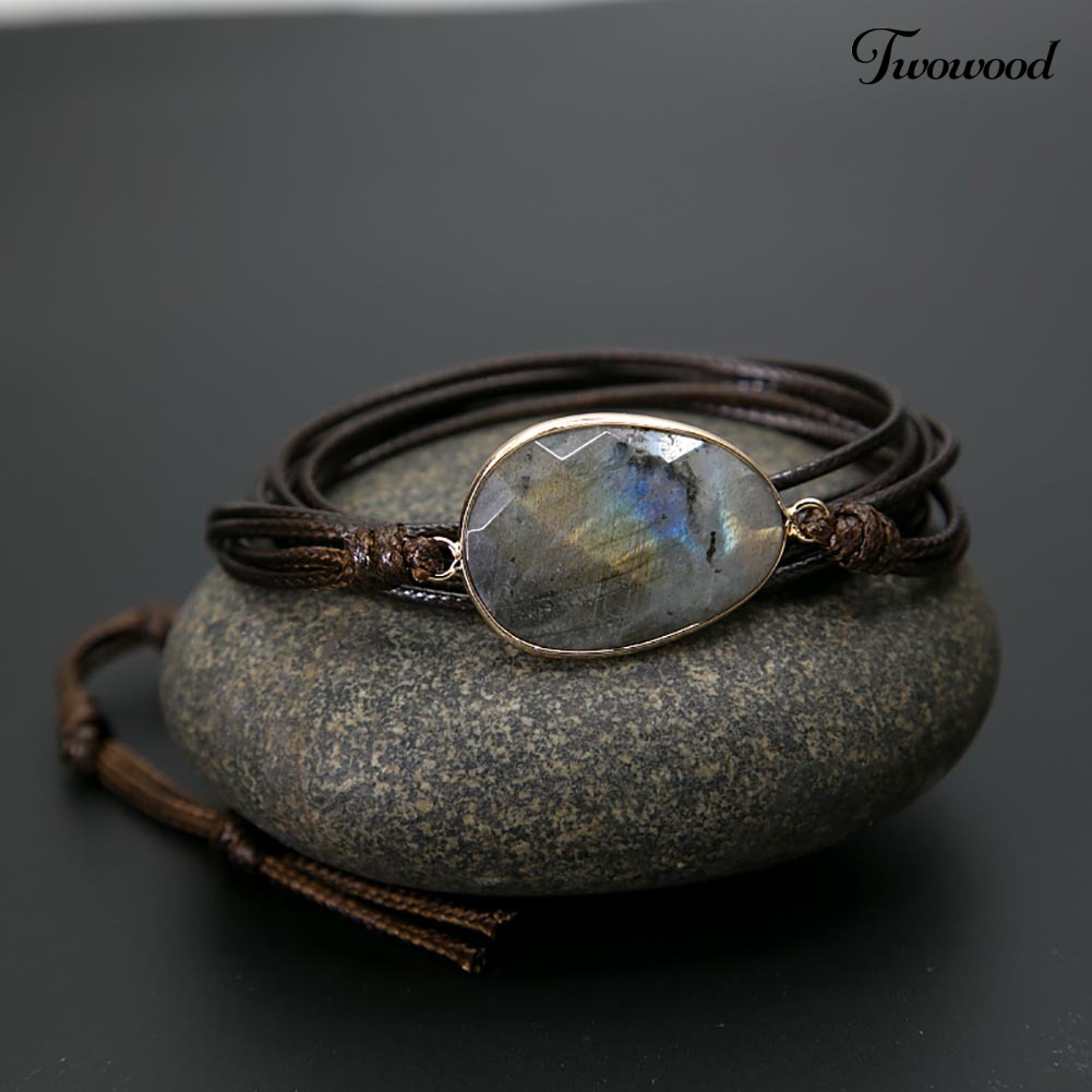 Twowood Boho Unisex Multi Layer Simpul Tali Lilin Labradorite Stone Charm Handmade Gelang