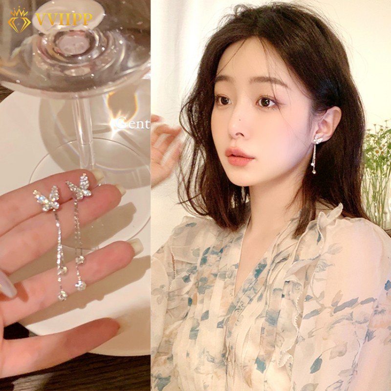 Anting Tusuk Silver Untuk Wanita Kupu-Kupu Zirkon Rumbai Earrings Aksesoris Perhiasan