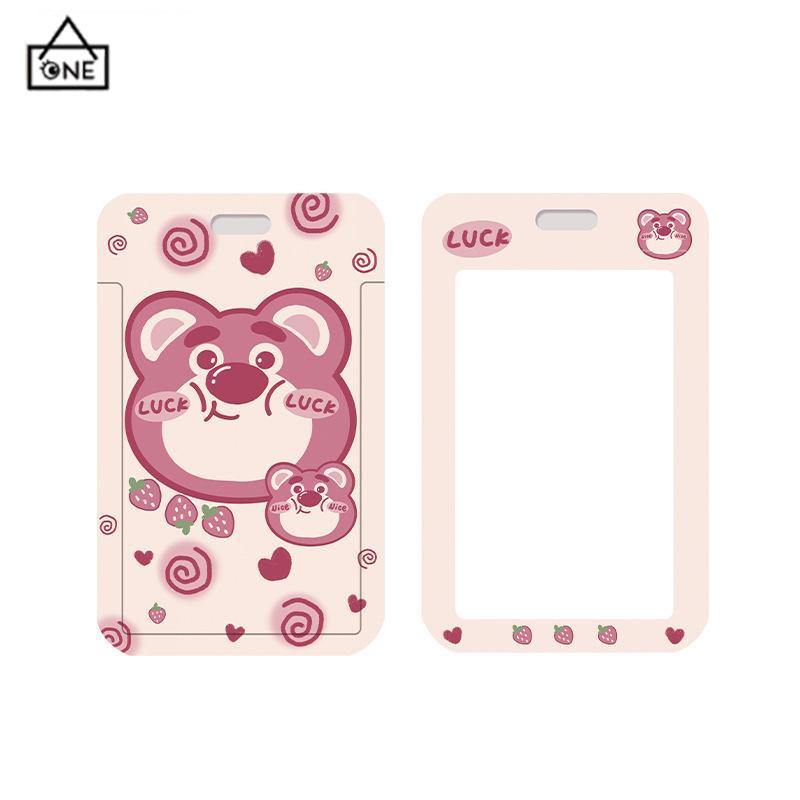 COD❤️Strawberry Bear Slid Cover Plastik Kartun Set Kartu Mahasiswa Kampus Kartu Tali Panjang Pelindung-A.one