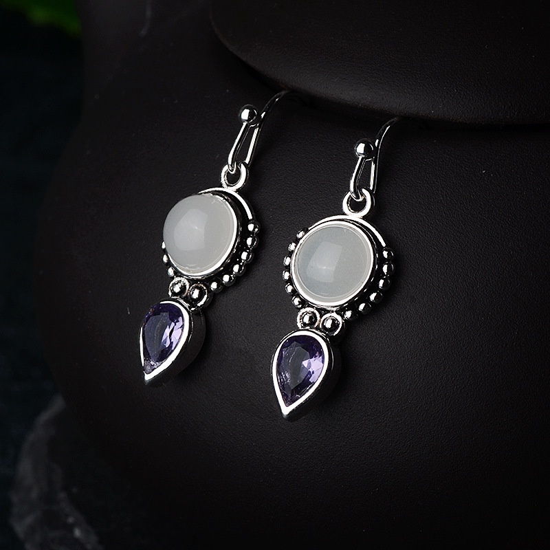 Goldkingdom Aksesoris Perhiasan Fashion Ready Stock Vintage Perak Thai Moonstone Earrings Drop Pear-Berbentuk Amethyst