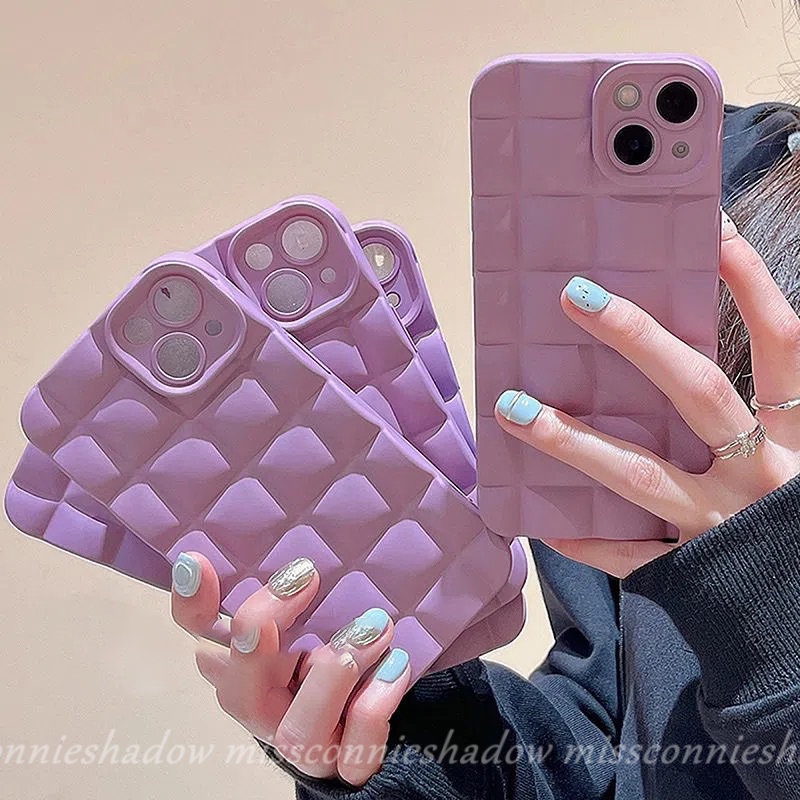 IPHONE Casing Ponsel Kotak Cek Stereoskopik Vintage Mewah Simple Warna Permen Kompatibel Untuk Iphone11 12 13 14 Pro MAX 7 8 6 6s Plus XR X XS MAX SE 2020 Shockproof Soft TPU Back Cover