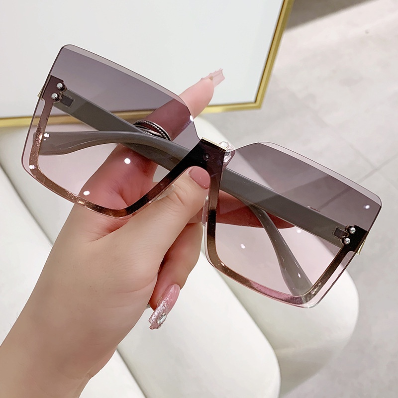 (YUZHU) Ins Style Oversized Half Frame Sunglasses New Fashion Gradient Shade Sunglasses Untuk Wanita