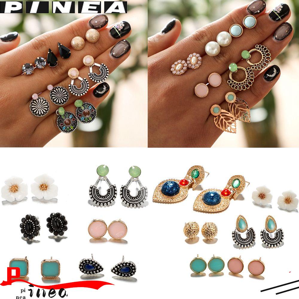 Nanas 6pasang/1set Set Anting Bunga Vintage Set Perhiasan Berlian Imitasi Berongga Keluar Daun