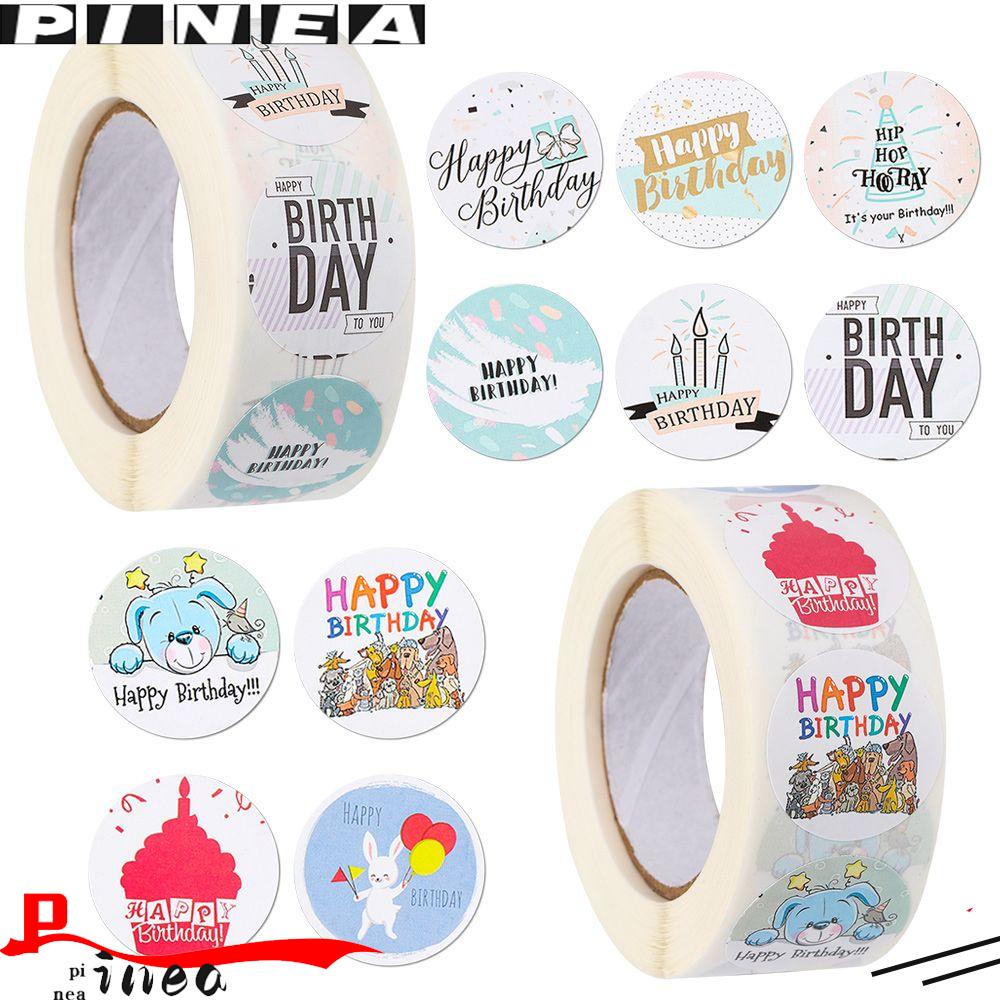 Nanas 500 Pcs/Roll Happy Birthday Stiker Perekat Diri Alat Tulis Pesta Perlengkapan Bakery Kartu Putaran Sealing Label