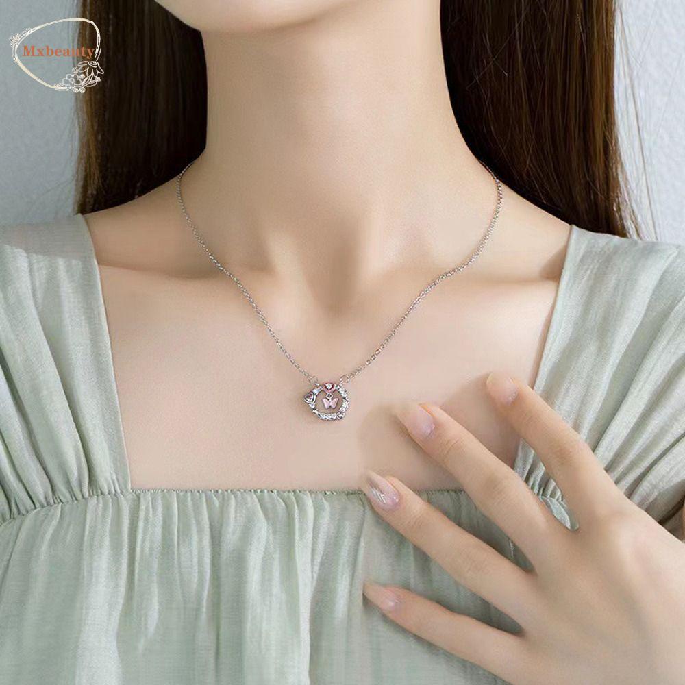 Mxbeauty Y2K Wanita Kalung Aesthetic Pesona Halus Klavikula Rantai Kupu-Kupu Berlian Imitasi Alloy Pink Hati Gadis Choker