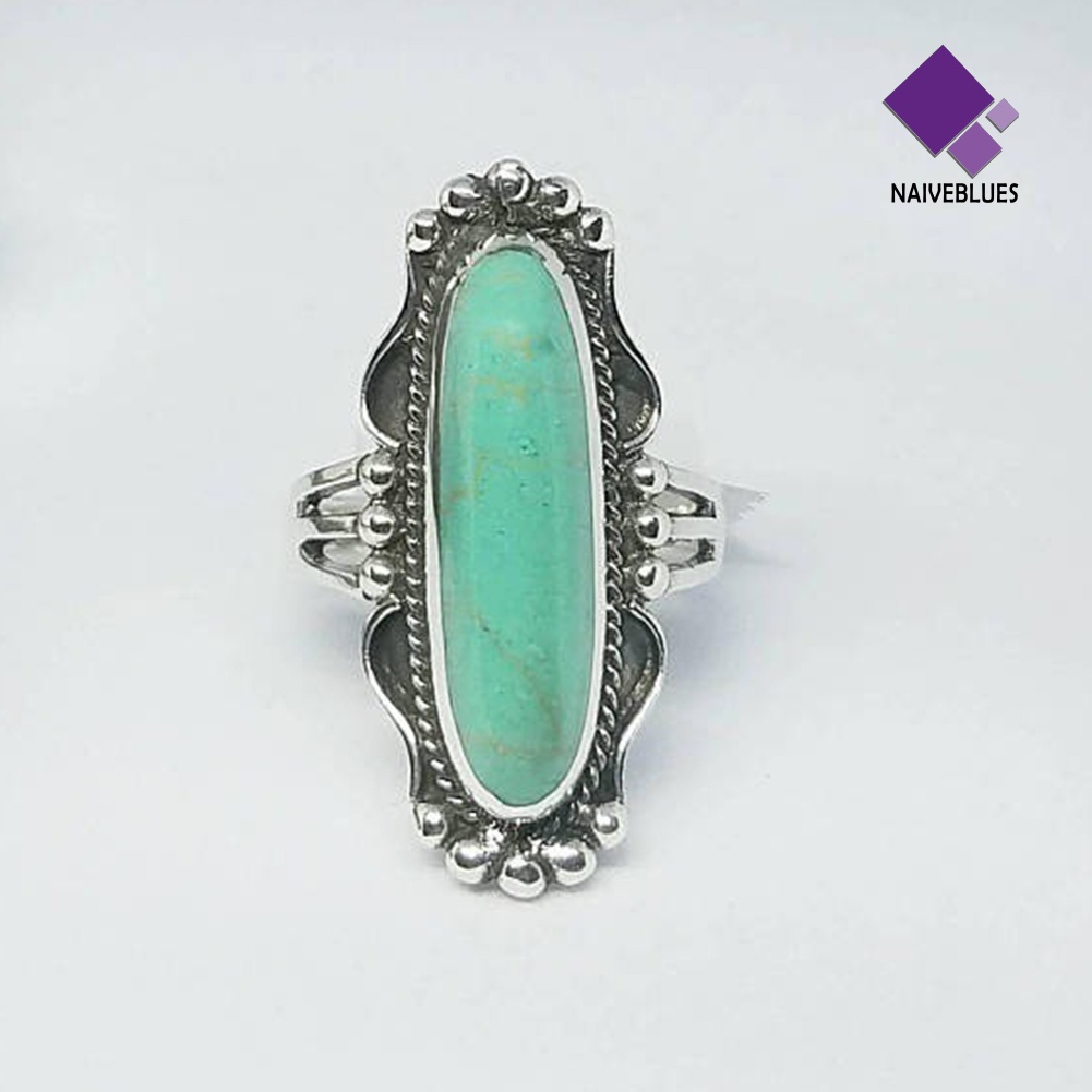 &lt; Naiveblues &gt; Vintage Finger Decor Oblong Turquoise Cincin Wanita Nikah Pertunangan