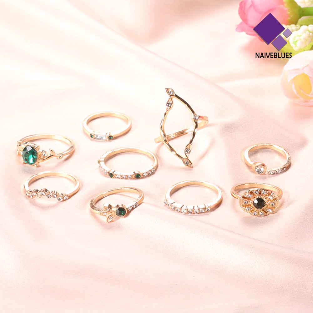 &lt; Naiveblues &gt; 9Pcs/Set Lady Hollow Rhombic Oval Berlian Imitasi Pembukaan Susun Buku Jari Cincin