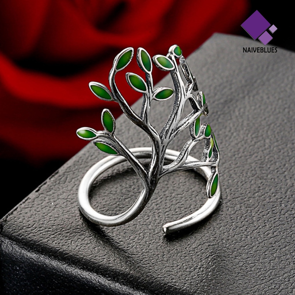 &lt; Naiveblues &gt; Cincin Unisex Bukaan Adjustable Tembaga Cabang Hijau Daun Aksesoris Cincin