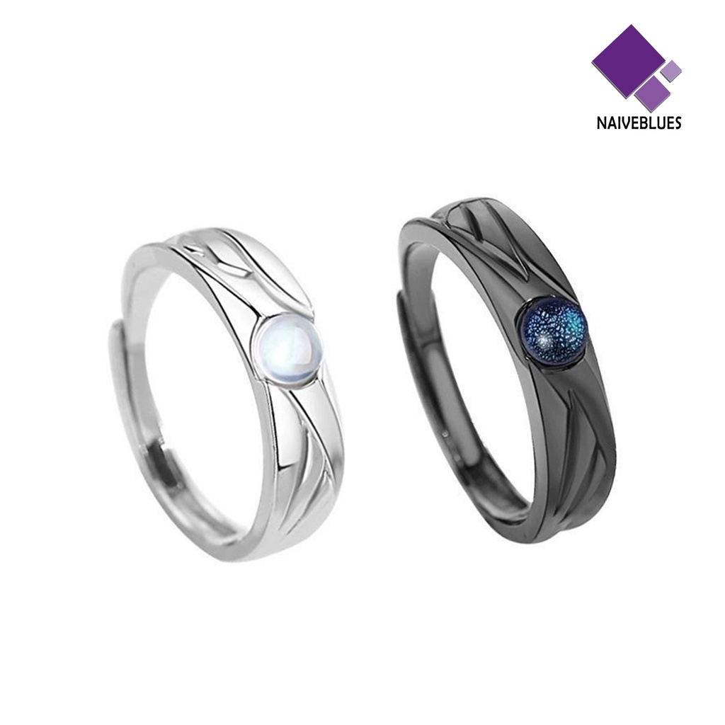 &lt; Naiveblues &gt; Cincin Couple Vintage Glazed Black White Faux Moonstone Adjustable Design Hias Mahasiswa Trend Ring