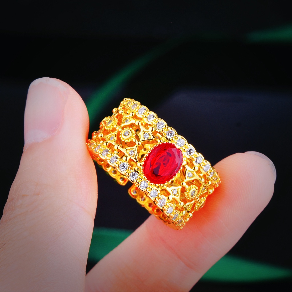 Goldkingdom Aksesoris Perhiasan Fashion Ready Stock Vintage Merpati Darah Ruby Cincin Emas Klasik Retro Antik Cincin Wanita Ujung Terbuka