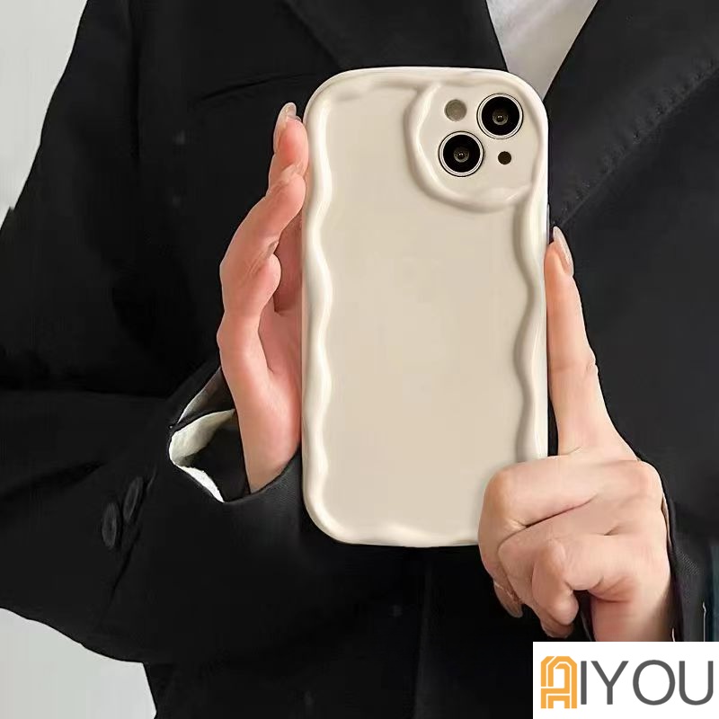 Fashion Sederhana Cat Air Gelombang Bingkai Bantal Ponsel Case Kompatibel Untuk iPhone 14 Pro Max11 12 13 7plus XR X XS Max7 8 Plus SE 2020 Halus Glossy Bergelombang Tepi Shockproof Soft Case