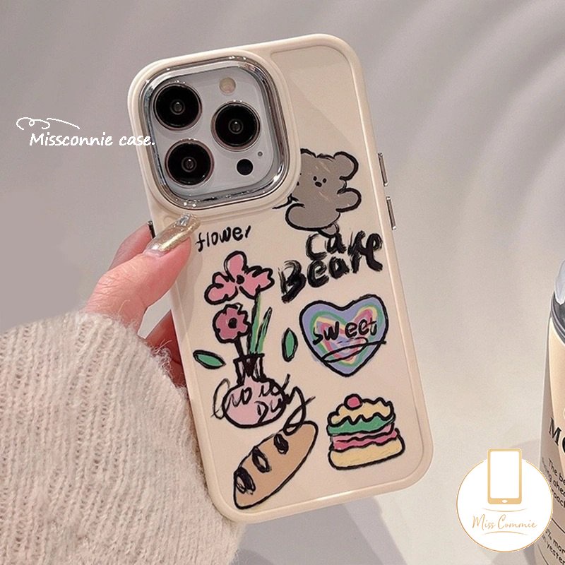 Graffiti Love Heart Soft Phone Case Kompatibel Untuk IPhone 7Plus XR 87 Plus X11 13 14 12 Pro Max 8Plus XS Max Beruang Lucu Hamburger Bunga Logam Bingkai Lensa Cover