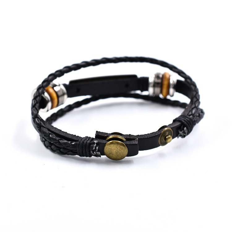 [X C Gelang] Baru Emas Itu Cinta Surat Gelang Kulit Hitam Vintage Hip Hop Punk Gelang Kulit Cuffles Manik-Manik Multilayer Zinc Alloy Anyaman Gelang