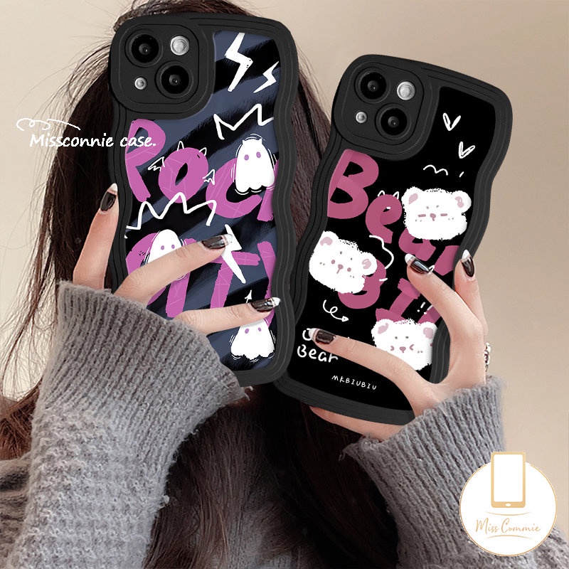 Casing Ponsel Monster Kecil Hantu Lucu Kompatibel Untuk iPhone 7Plus 14 11 13 12 Pro Max 8Plus X XR XS Max7 8 6s 6 14 Plus SE 2020 Tepi Bergelombang Kartun Beruang Huruf Lembut Tpu Cover