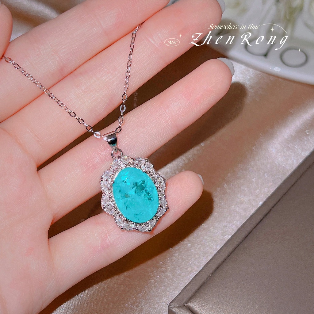 Goldkingdom Fashion Perhiasan Aksesoris Ready Stock Mewah Paraiba Safir Liontin Karat Karbon Tinggi Berlian Kalung Untuk Wanita