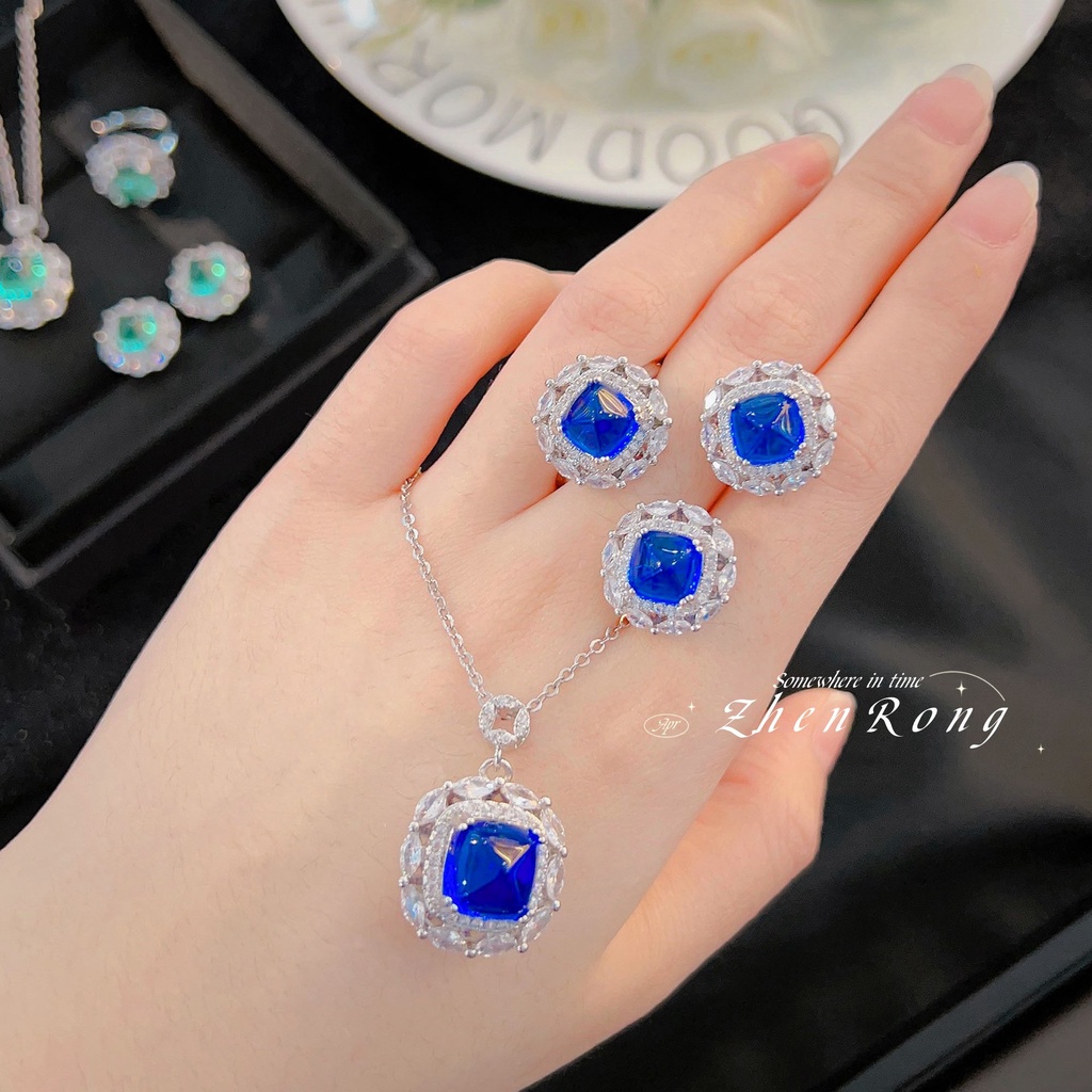 Goldkingdom Fashion Perhiasan Aksesoris Ready Stock Mewah Potong Warna-Warni Jas Ruby Anting Liontin Royal Blue Emerald Ring Female