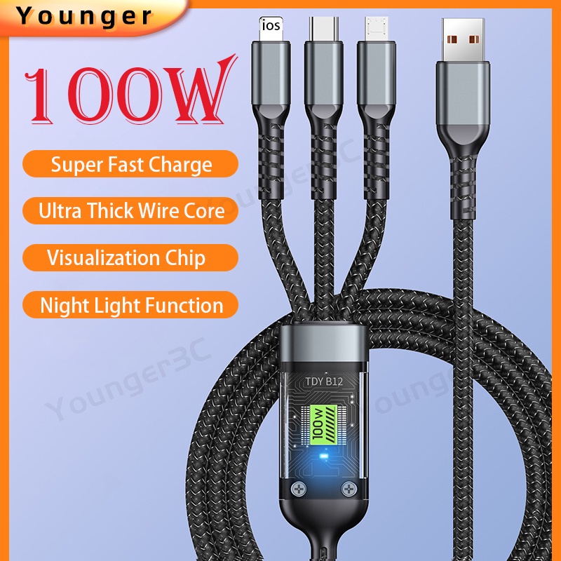 100w Kabel Transparan Gaya Punk 3in1 Kabel Pengisian Super Cepat Dengan Cahaya Biru 6A Kabel Data Usb Untuk ios Tipe C Android