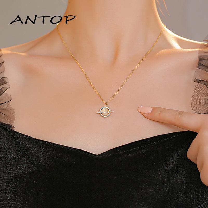 [antop] Kalung Planet Zirkon Berkilau Geometris Kalung Wanita Tulang Selangka Kalung Serbaguna Aksesori Pribadi