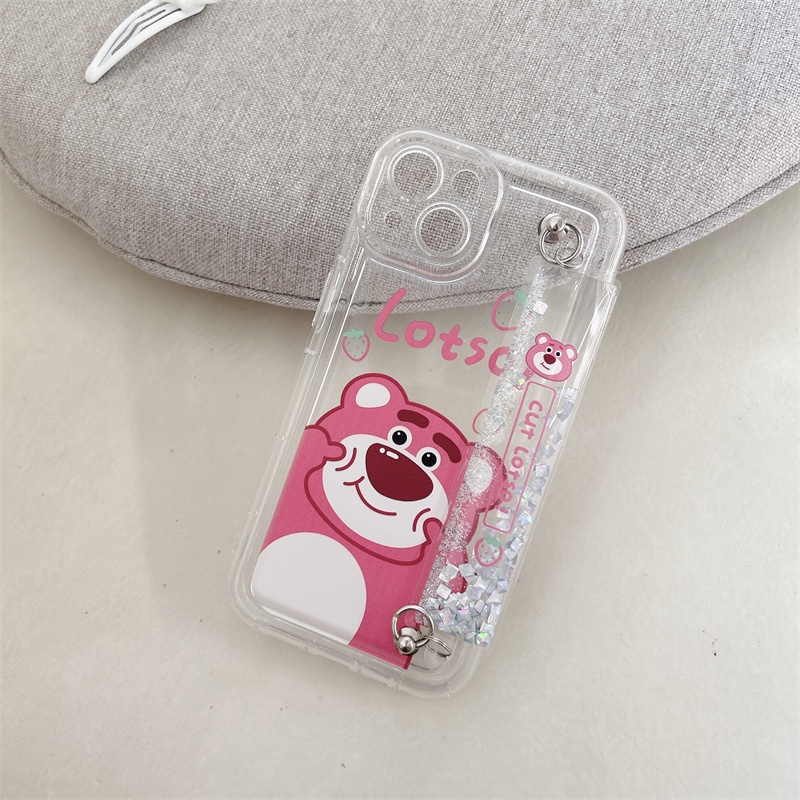 IPHONE Vinnie Bear Transparan Wrist Strap Soft Casing Cocok Untuk Iphone14 13 12 11 Pro Max Kartun Strawberry Bear Mengalir Pergelangan Tangan Strap Pelindung Case