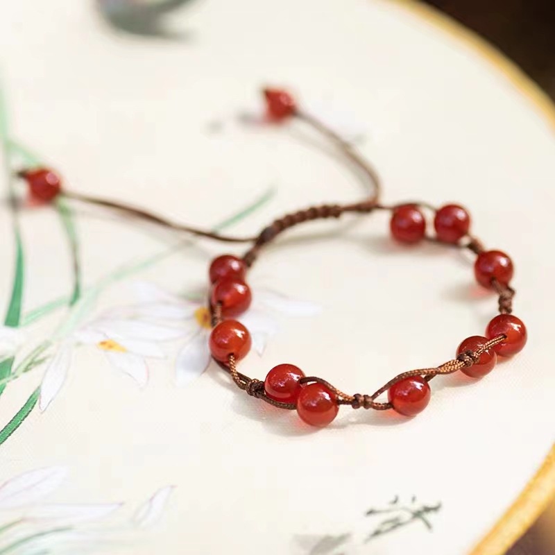 Gelang Coding Batu Akik Merah Gaya Cina Trik Perempuan Peach Blossom Beruntung Gelang Sederhana All-Match Desain Niche Gelang Pacar