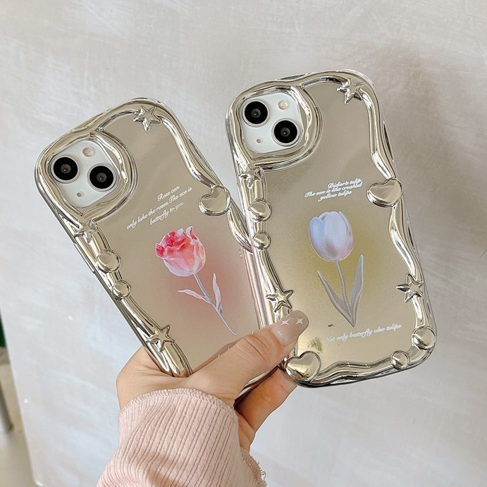 Cream Star Love Mirror Soft Case iPhone 7 8 Plus iPhone X XS XR Max 11 12 13 14 Pro Max 14 Plus Girl Woman Fashion Pink Green Tulip Flower Case Make up