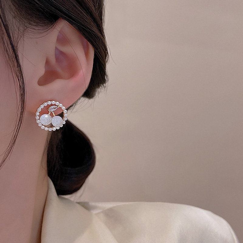 Jepang Korea Sederhana Mutiara Berlian Imitasi Cherry Temperamen Manis Geometris Anting Fashion