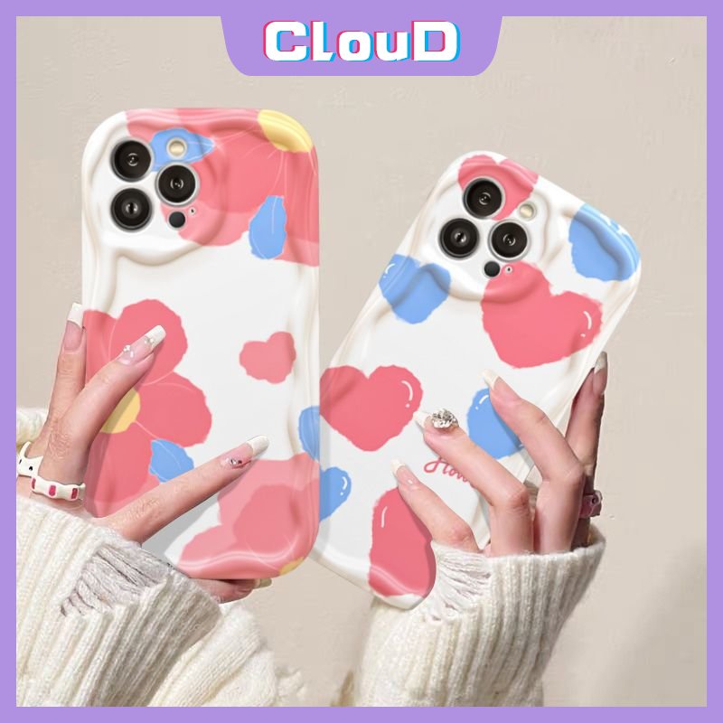 IPHONE Casing Tepi Melengkung Bergelombang 3D Kompatibel Untuk Iphone12 14 13 Pro Max 6 6s Plus7 8 Plus X XS Max 7Plus 8Plus 11 Pro Max XR SE 2020 Cream Lover Heart Blue Flowers Soft Cover