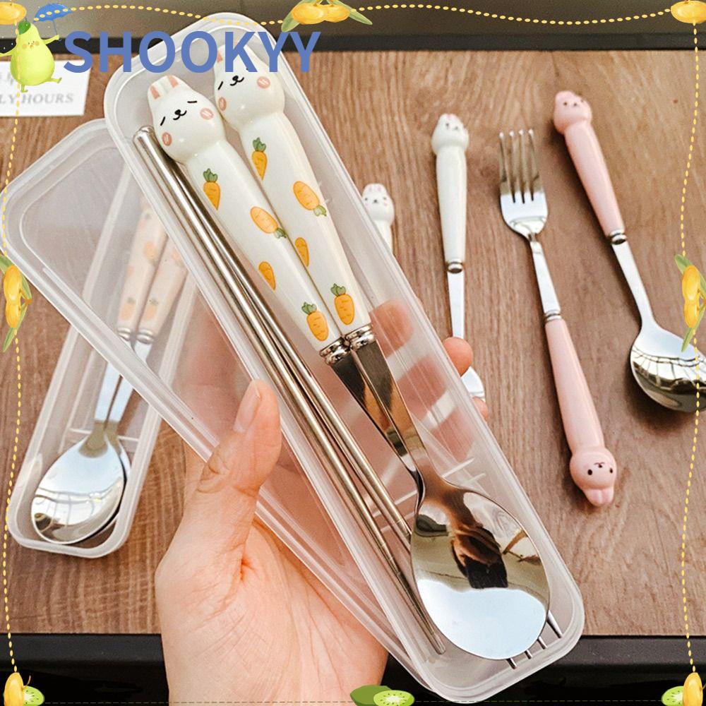 Chookyy Set Alat Makan Portable Kelinci Dengan Kotak Penyimpanan Stainless Steel Sumpit Garpu Sendok Peralatan Makan