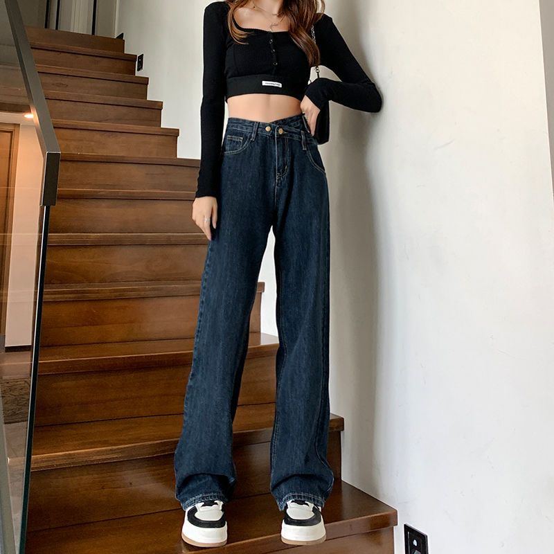 Celana Jeans Korea Wanita Highwaist Oversize Polos Kancing Jeans