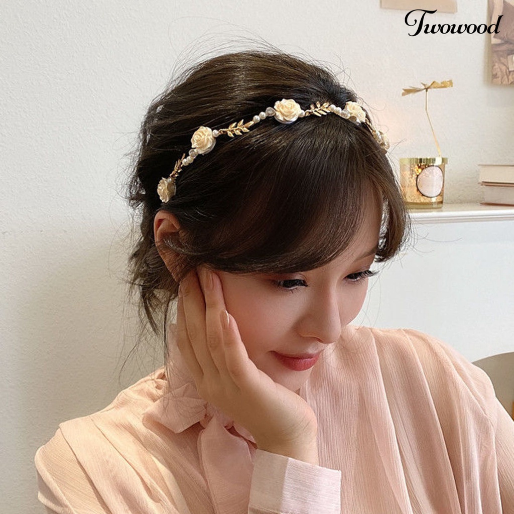 Twowood Rose Headband Glossy Faux Pearl Pengerjaan Halus Daun Dekorasi Vintage Hias Lolita Anti-slip Rose Wedding Hair Hoop Wanita Aksesori Rambut