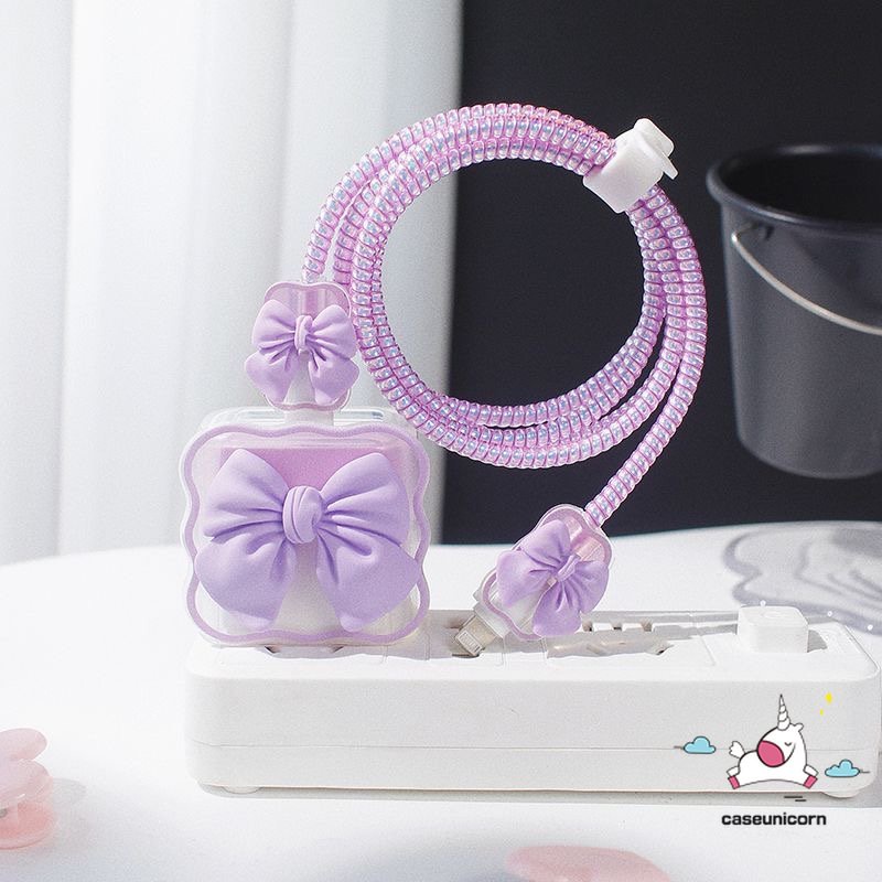 3d Macaron Warna Permen Manis Busur Charger Pelindung Charger Perlindungan Set Untuk iP 18/20W Charger Case USB Cable Bite Protector Cover