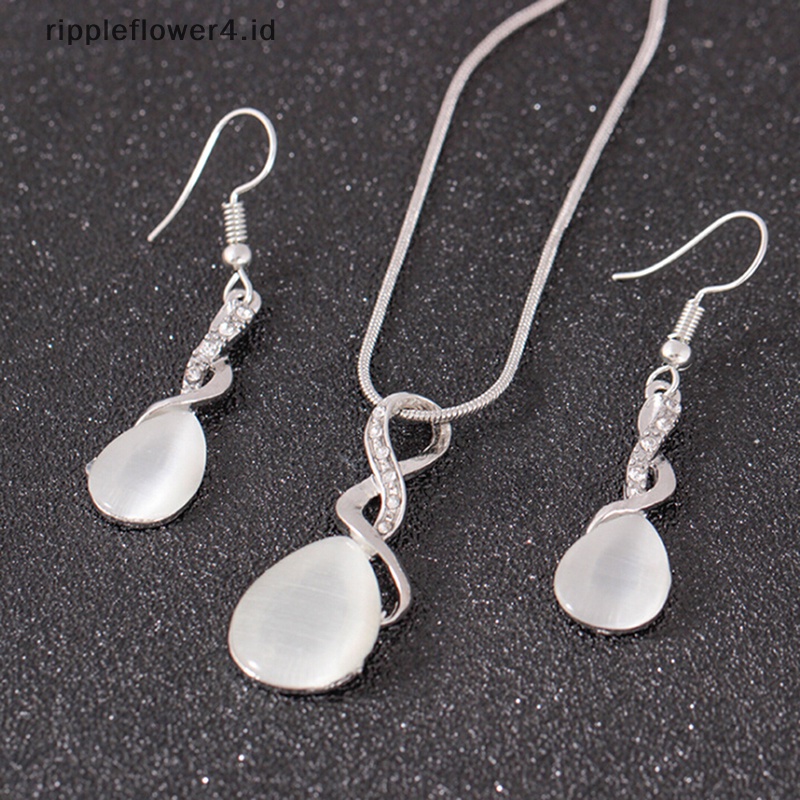 {rippleflower4.id} Fashion Opal Kristal Salib Tetesan Air Kalung Anting Set Aksesoris Hadiah~