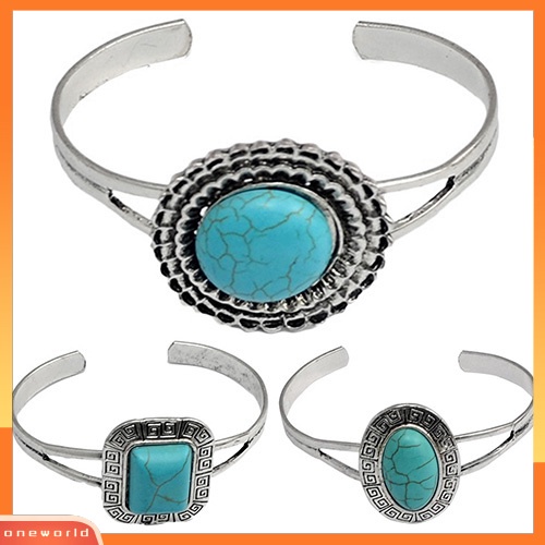 [WOD] Perhiasan Wanita Gaya Retro Geometris Turquoise Pembukaan Manset Bangle Gelang