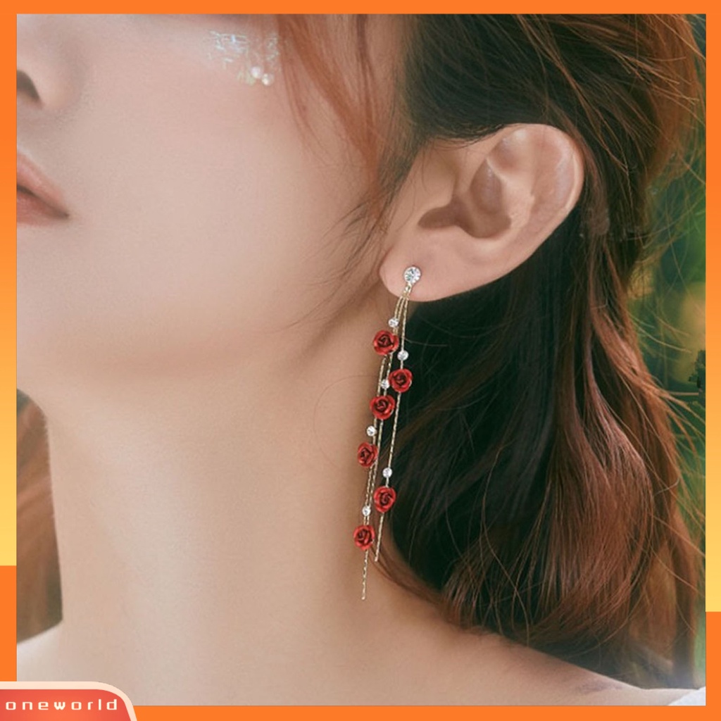 [WOD] 1pasang Berlian Imitasi Mengkilap Elegan Wanita Anting Bunga Mawar Panjang Rumbai Drop Earrings Perhiasan Pesta