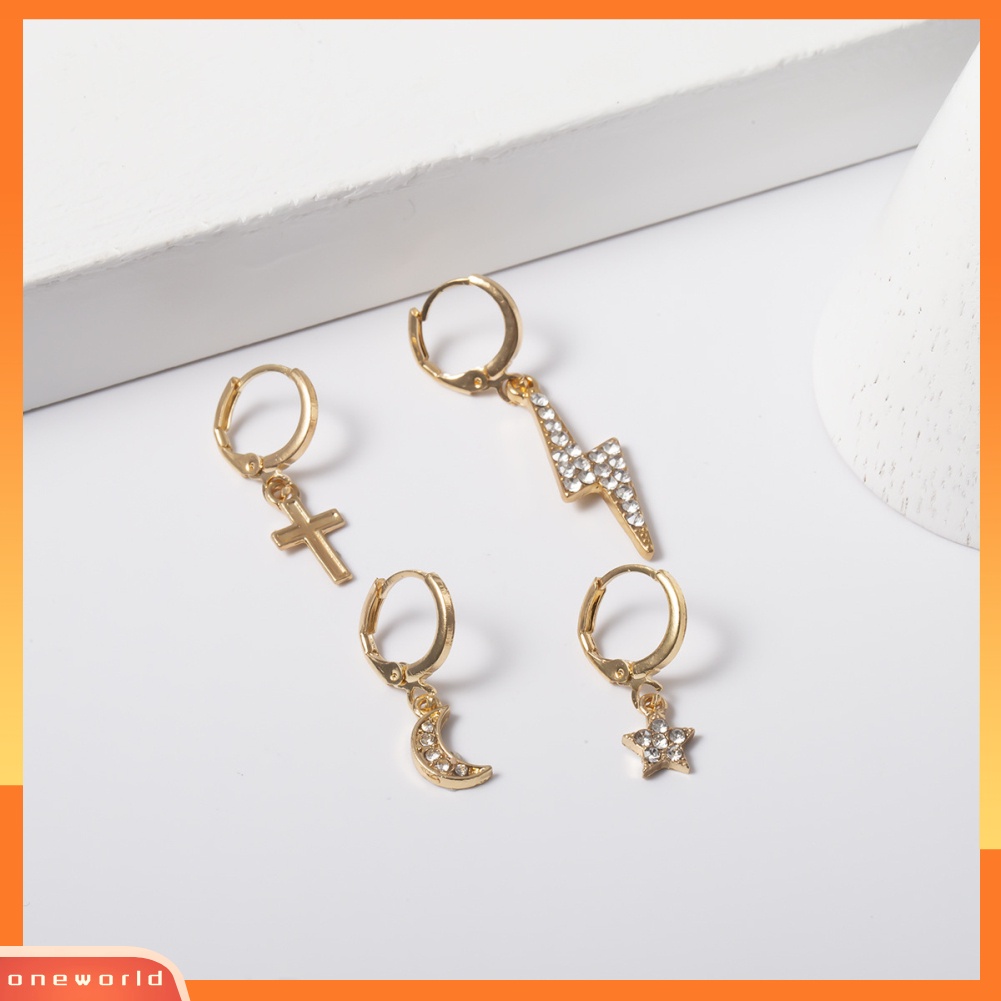 [WOD] 3 /4 Pcs Wanita Berlian Imitasi Bintang Geometri Menjuntai Telinga Studs Huggie Earrings Jewelry