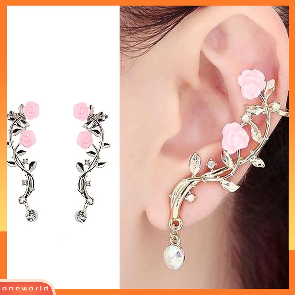 [WOD] 1pasang Berlian Imitasi Bersinar Tindik Telinga Studs Bunga Mawar Cabang Cuff Earrings Fashion Jewelry