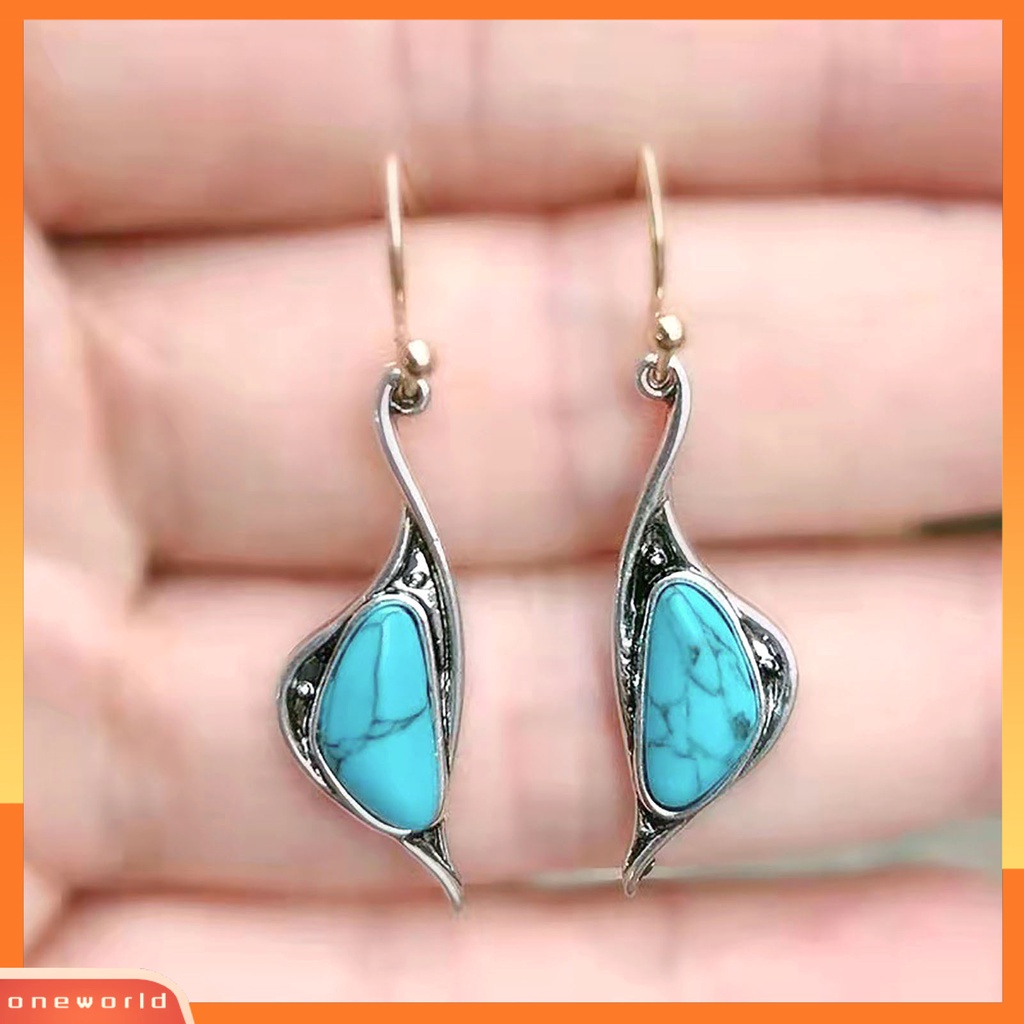 [WOD] 1pasang Tindik Compact Lady Earrings Alloy Blue Turquoise Irregular Hook Menjuntai Anting Perhiasan Aksesoris