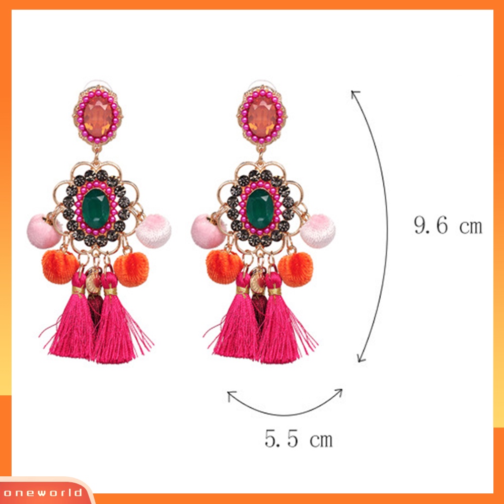 [WOD] Wanita Berlian Imitasi Bunga Pompom Rumbai Menjuntai Ear Stud Earrings Pernyataan Perhiasan