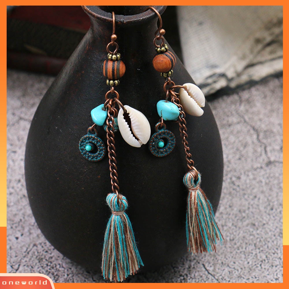 [WOD] Bohemia Wanita Faux Turquoise Shell Rumbai Panjang Menjuntai Kait Anting Perhiasan Hadiah