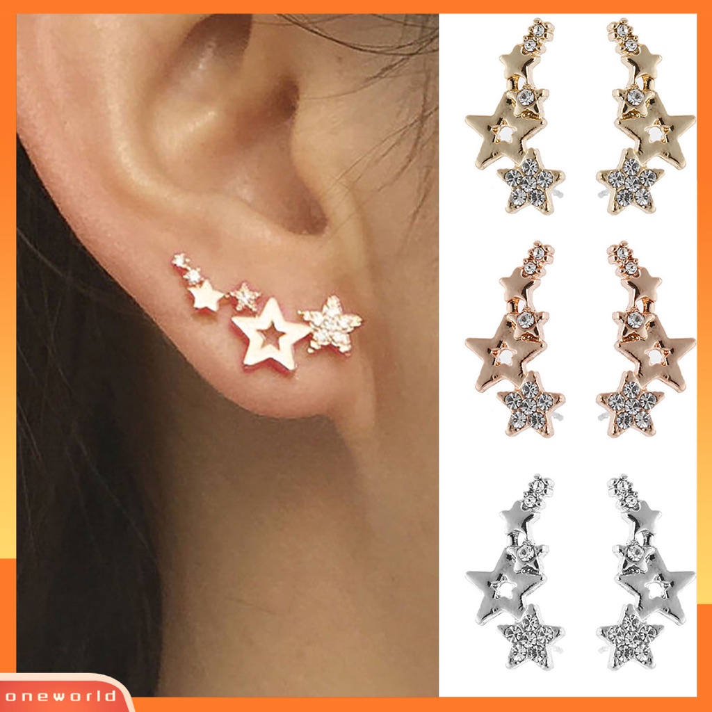 [WOD] 1pasang Anting Pejantan Wanita Bentuk Bintang Berlian Imitasi Mengkilap Tahan Lama Lady Earrings Female Ear Decor