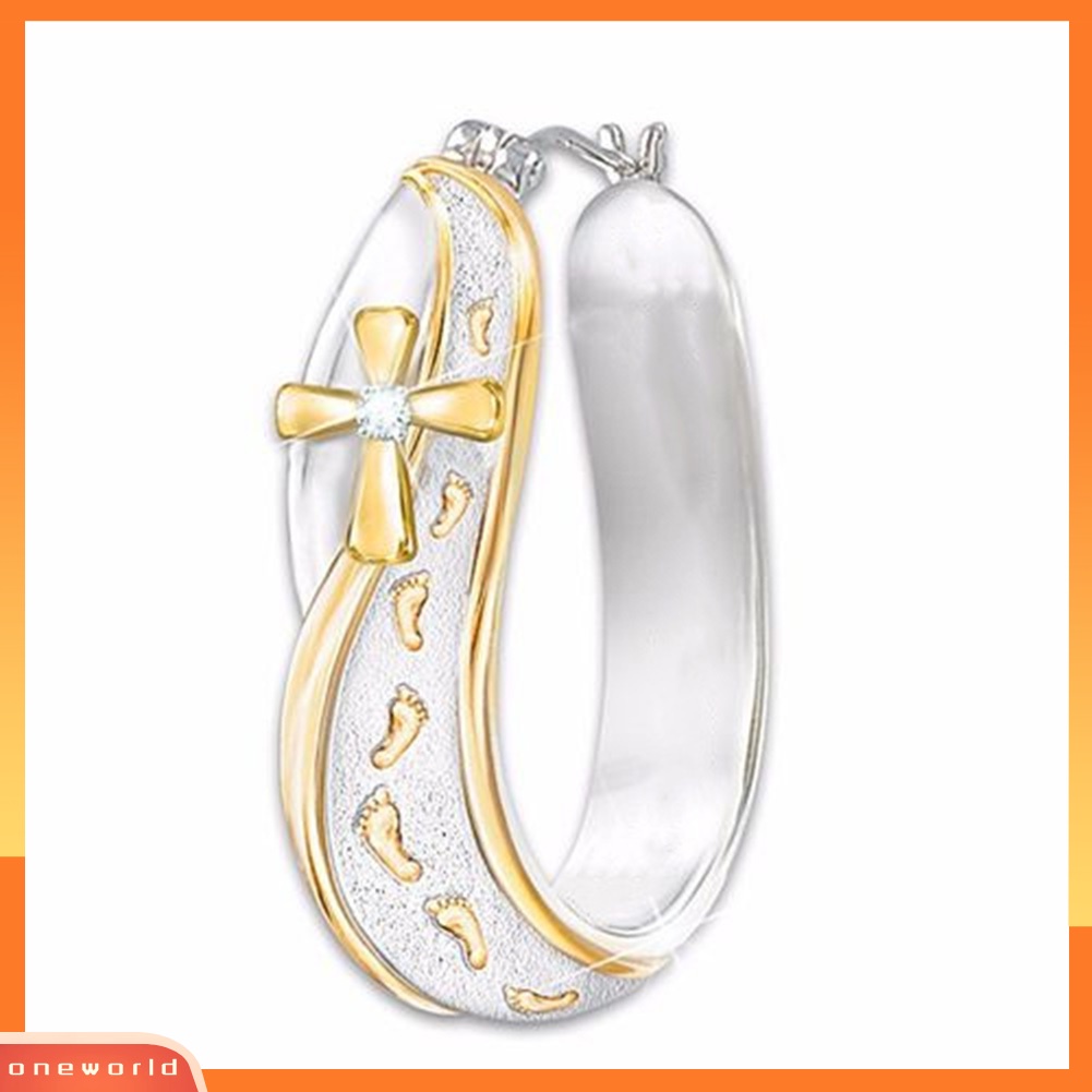 [WOD] Fashion Dua Warna Jejak Kaki Cross Sign Berlian Imitasi Wanita Huggie Hoop Earrings