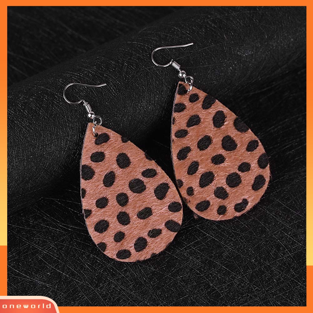 [WOD] Wanita Berongga Leopard Dot Print Kulit Imitasi Teardrop Kait Anting Perhiasan Hadiah