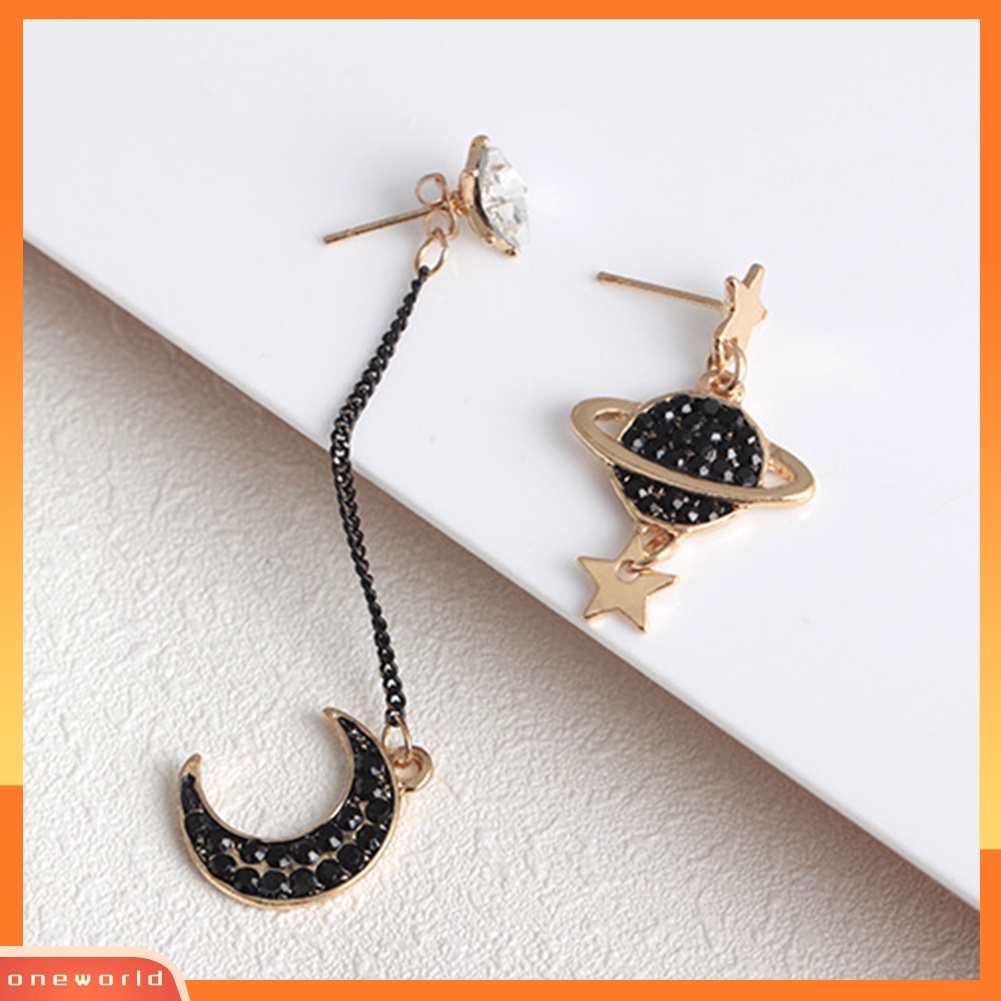 [WOD] Asimetris Rumbai Bulan Bintang Planet Berlian Imitasi Hias Wanita Stud Earrings Hadiah