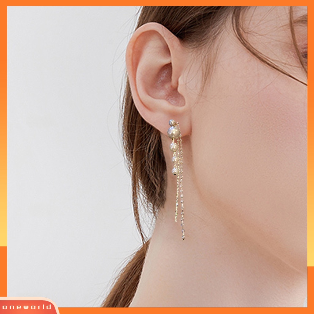 [WOD] 1pasang Anting Perjamuan Linear Mutiara Imitasi Permukaan Halus Berlian Imitasi Mengkilap Rumbai Panjang Colorfast Prom Earrings Aksesori Pengantin